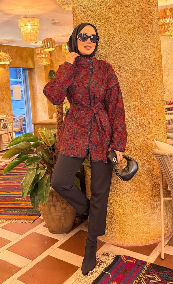 Ethnic Pattern Quilted Jacket with Piping -11
