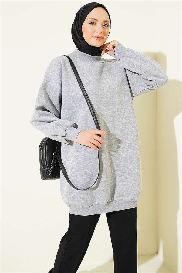 Grey Turtleneck Tunic with Balloon Sleeves