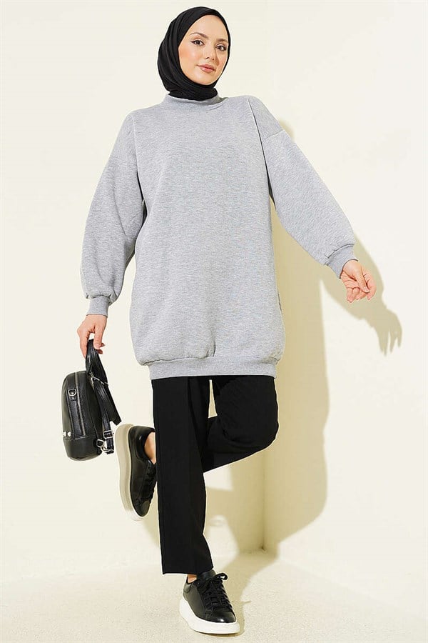 Grey Turtleneck Tunic with Balloon Sleeves