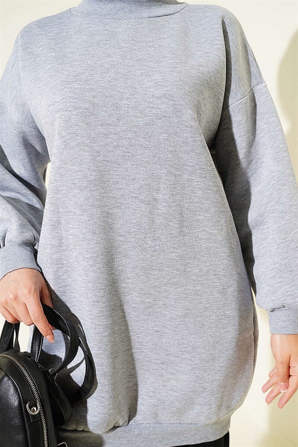 Grey Turtleneck Tunic with Balloon Sleeves