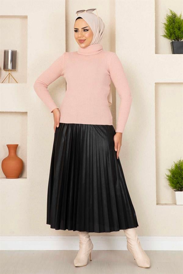 Turtleneck Knitted Hijab Sweater Powder