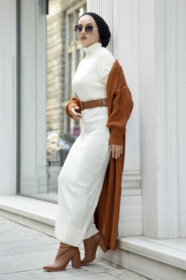 Turtleneck Knitted Hijab Dress Ecru