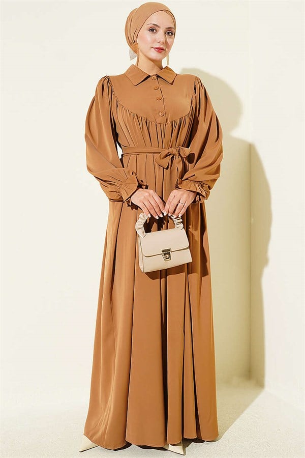 Widely Ruched Sharmi Dress Camel
