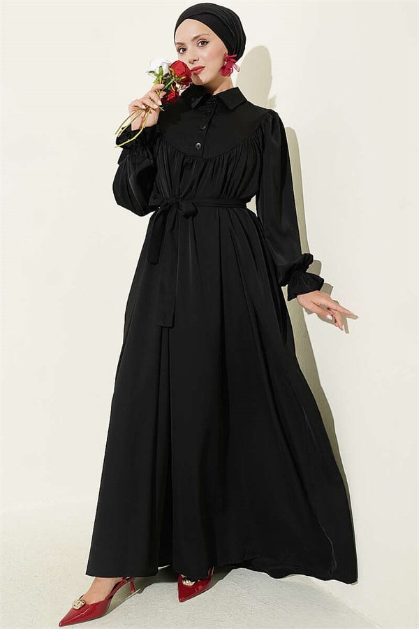 Widely Ruched Sharmi Dress, Black