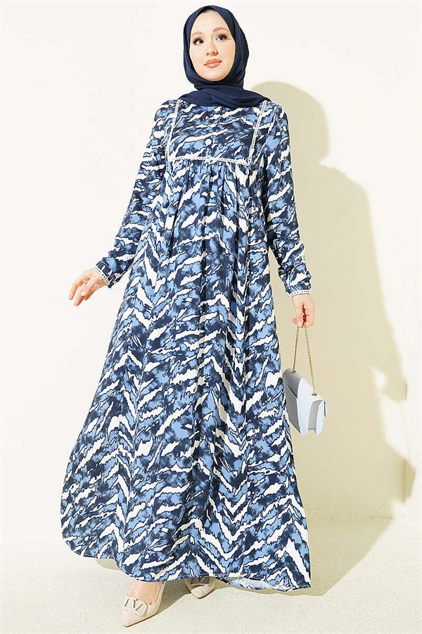 Wide-Sleeved, Lace-Depth Belmando Dress in Navy Blue