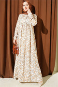 Wide-Sleeved Belmando Dress with Lace Trim on the Bust, Beige.
