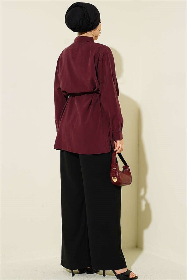 Bolero Detail Tencel Shirt with Drawstring Belt, Plum