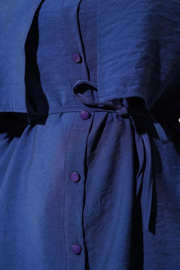 Bolero Detailed Rope Belted Tencel Shirt Navy Blue