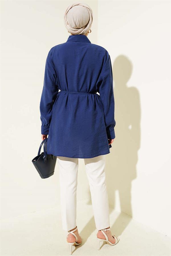 Bolero Detailed Rope Belted Tencel Shirt Navy Blue