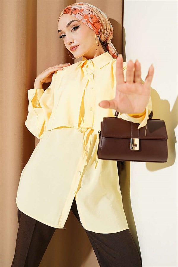 Bolero Detail Tencel Shirt with Drawstring Belt, Yellow