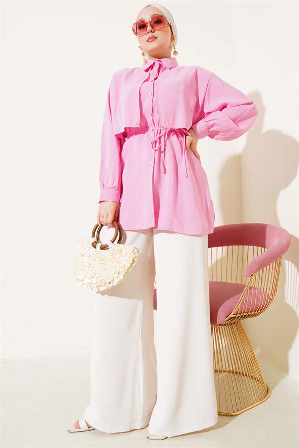 Bolero Detailed Rope Belted Tencel Shirt Pink