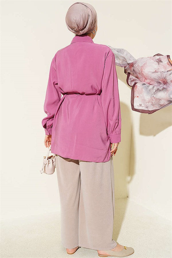 Bolero Detail Tencel Shirt with Drawstring Belt, Magenta