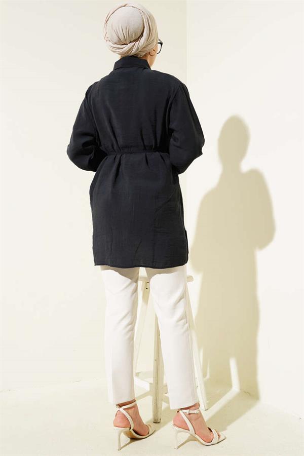 Bolero Detailed Rope Belted Tencel Shirt Black