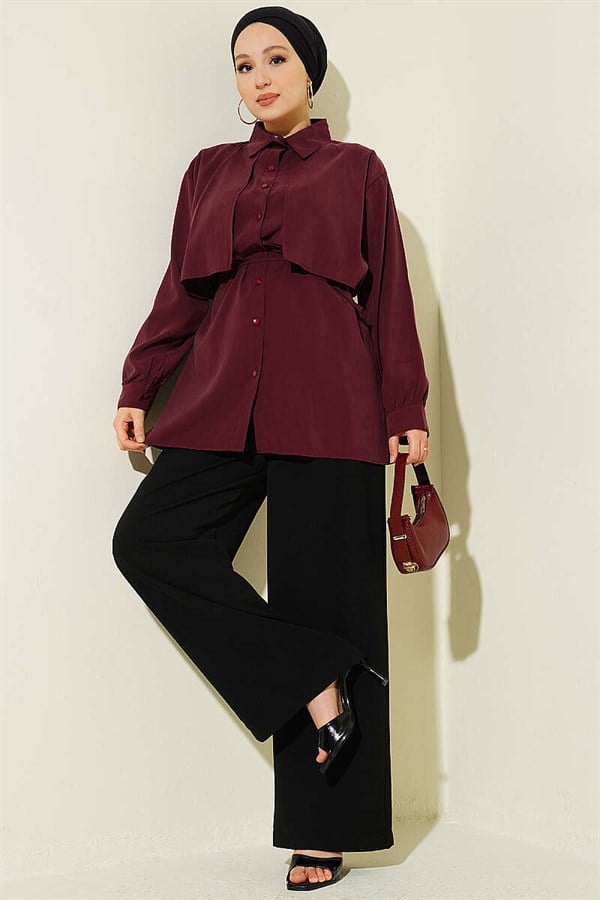 Bolero Detail Tencel Shirt with Drawstring Belt, Plum