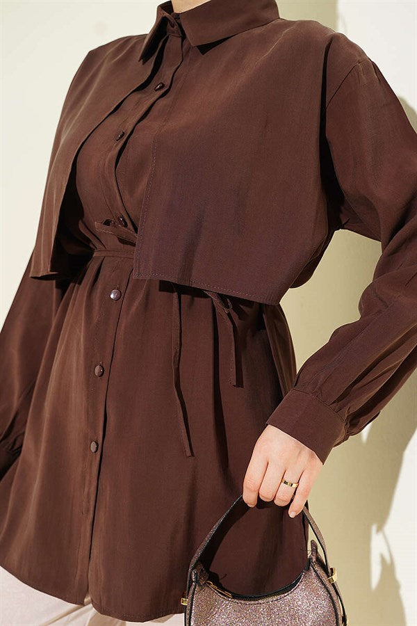 Bolero Detail Tencel Shirt with Drawstring Belt, Brown