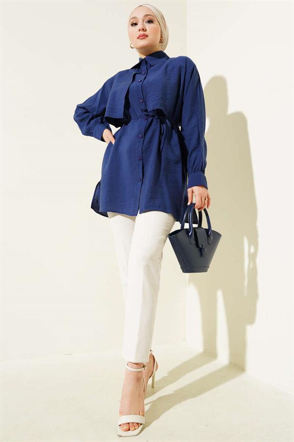 Bolero Detailed Rope Belted Tencel Shirt Navy Blue