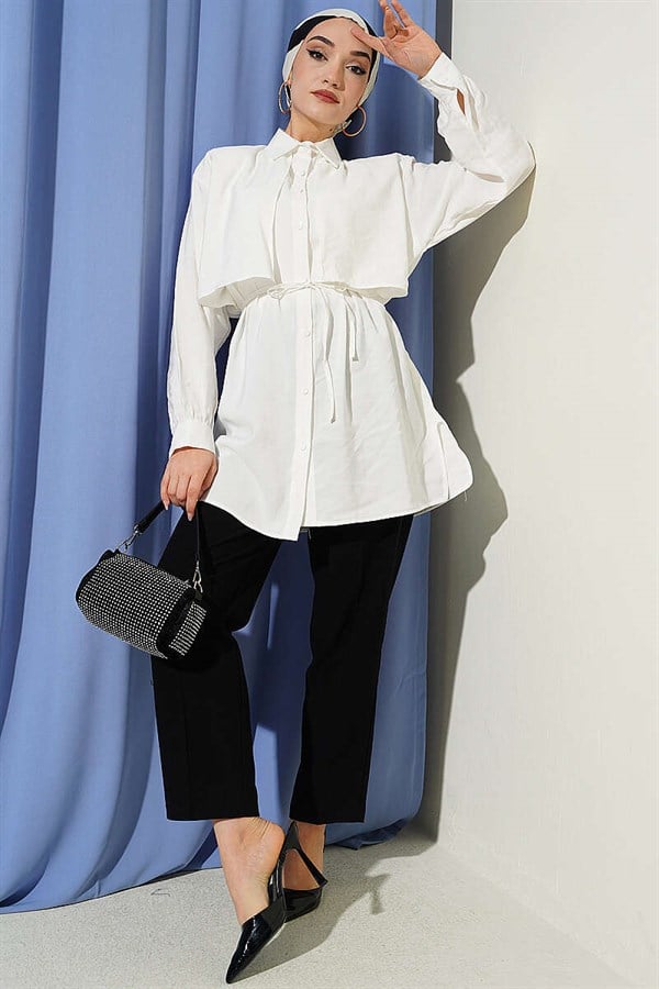 Bolero Detail Tencel Shirt with Drawstring Belt, Ecru