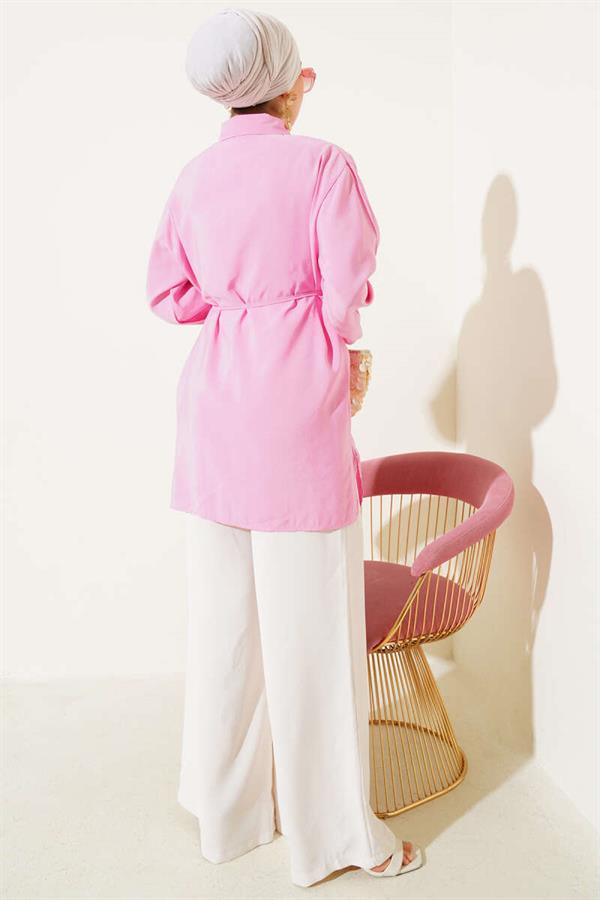 Bolero Detailed Rope Belted Tencel Shirt Pink
