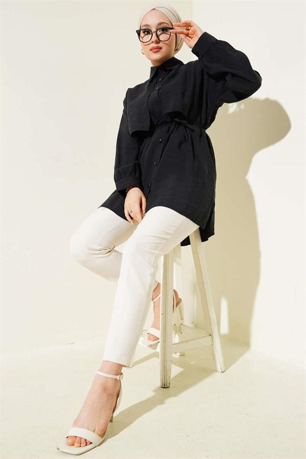Bolero Detailed Rope Belted Tencel Shirt Black