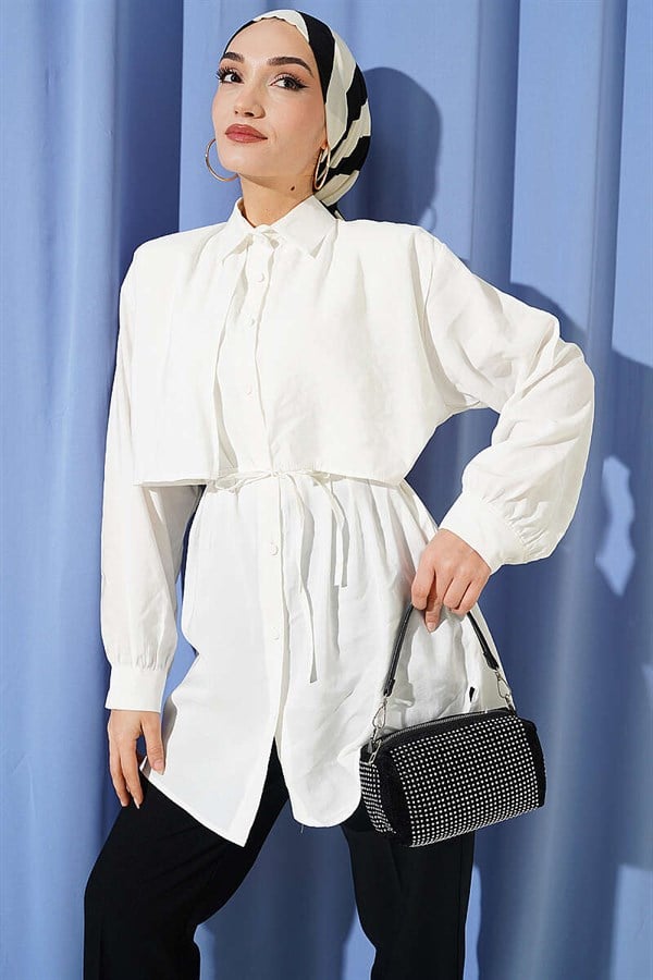 Bolero Detail Tencel Shirt with Drawstring Belt, Ecru