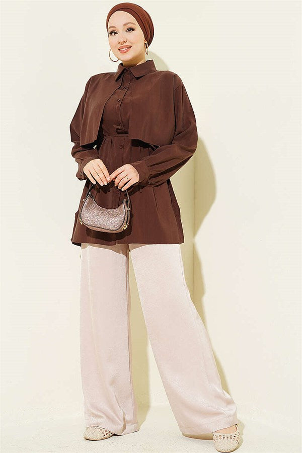 Bolero Detail Tencel Shirt with Drawstring Belt, Brown