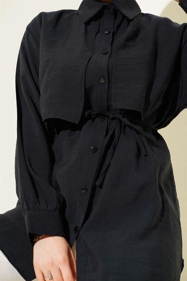Bolero Detailed Rope Belted Tencel Shirt Black