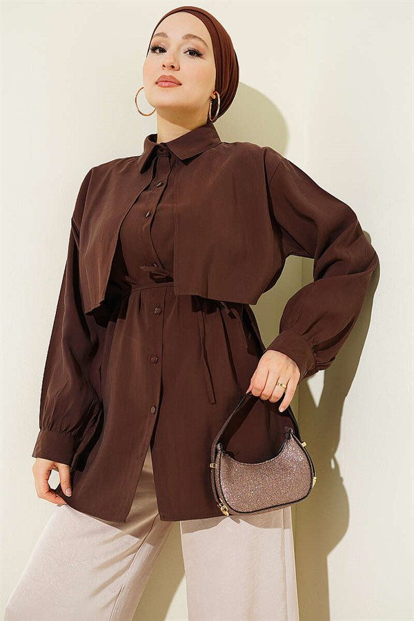 Bolero Detail Tencel Shirt with Drawstring Belt, Brown