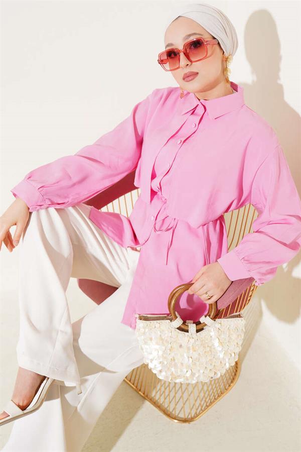 Bolero Detailed Rope Belted Tencel Shirt Pink