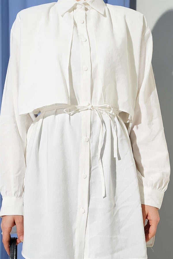 Bolero Detail Tencel Shirt with Drawstring Belt, Ecru