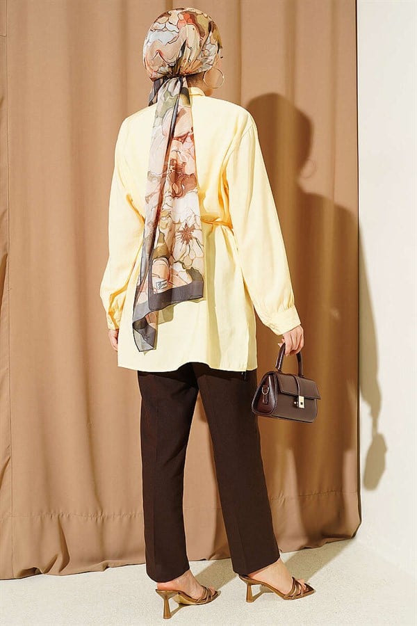 Bolero Detail Tencel Shirt with Drawstring Belt, Yellow