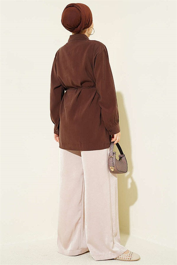 Bolero Detail Tencel Shirt with Drawstring Belt, Brown