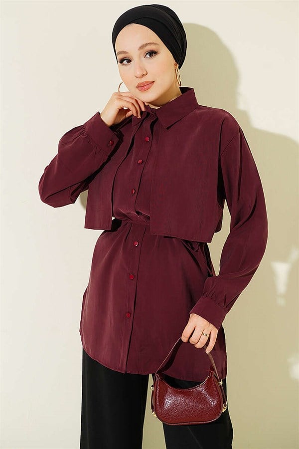 Bolero Detail Tencel Shirt with Drawstring Belt, Plum