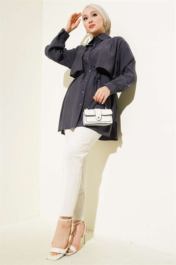 Bolero Detail Tencel Shirt with Drawstring Belt, Smoke Grey