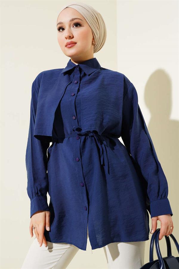 Bolero Detailed Rope Belted Tencel Shirt Navy Blue