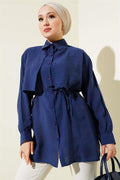Bolero Detailed Rope Belted Tencel Shirt Navy Blue