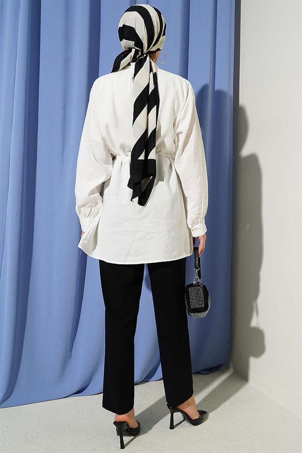 Bolero Detail Tencel Shirt with Drawstring Belt, Ecru