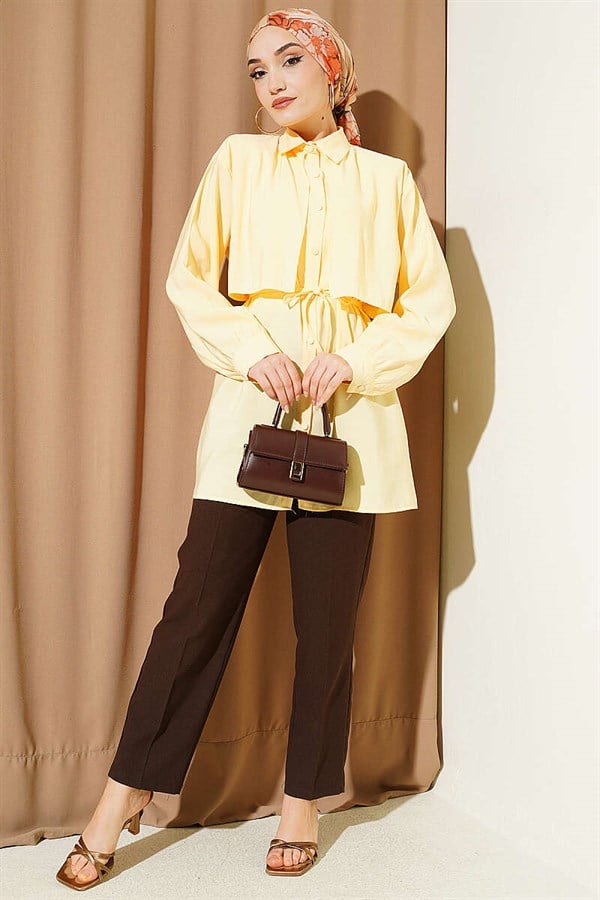 Bolero Detail Tencel Shirt with Drawstring Belt, Yellow