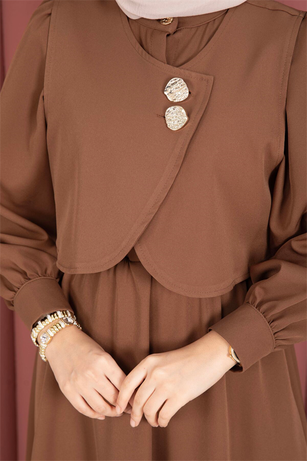 Gold Buttoned Bolero Dress 2 Piece Set in Coffee Brown