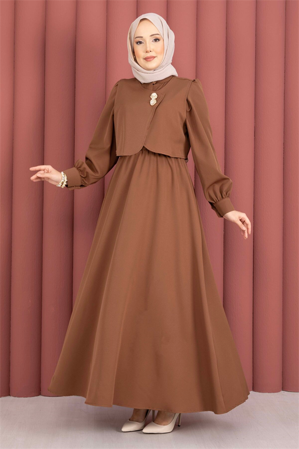 Gold Buttoned Bolero Dress 2 Piece Set in Coffee Brown