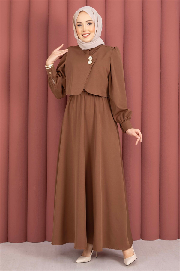 Gold Buttoned Bolero Dress 2 Piece Set in Coffee Brown