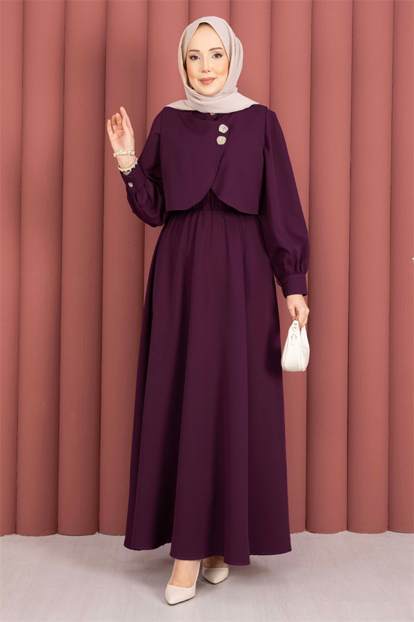 Bolero Dress 2 Piece Set with Gold Buttons, Plum