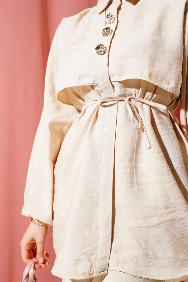 Bolero Gold Buttoned 2 Piece Set Beige