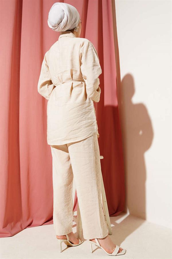 Bolero Gold Buttoned 2 Piece Set Beige