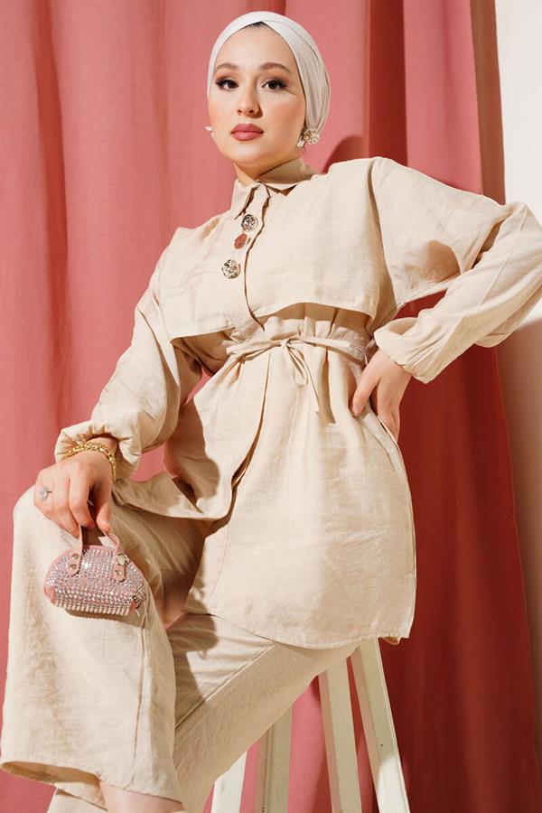 Bolero Gold Buttoned 2 Piece Set Beige