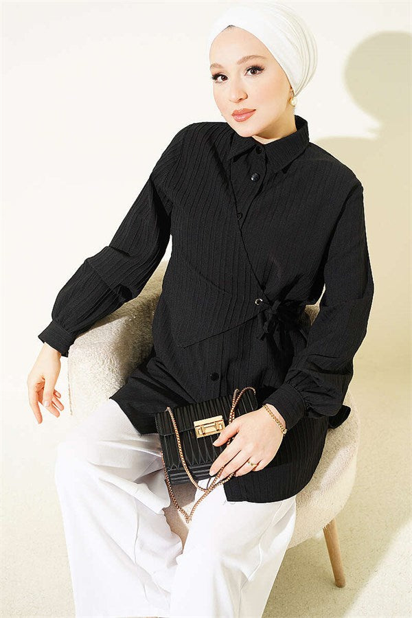 Bolero-style drawstring shirt, black