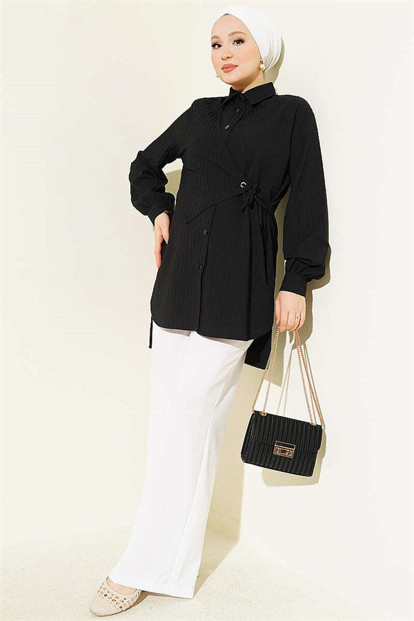 Bolero-style drawstring shirt, black