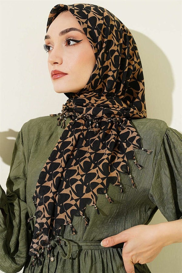 Beaded Detail Patterned Scarf Black Latte