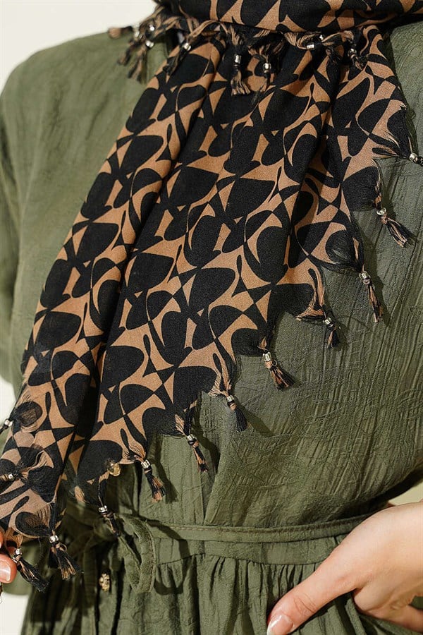 Beaded Detail Patterned Scarf Black Latte
