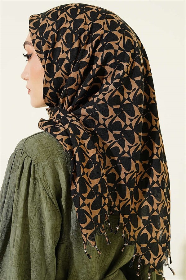 Beaded Detail Patterned Scarf Black Latte