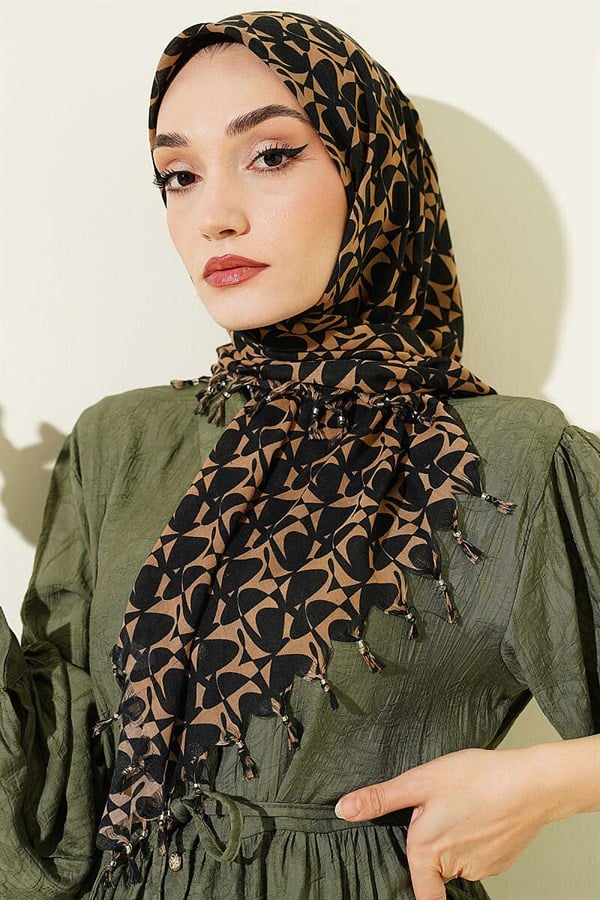 Beaded Detail Patterned Scarf Black Latte